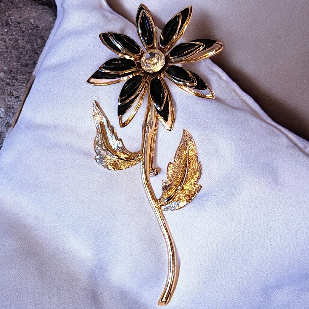 Vintage Black Enamel and gold-toned Lapel Brooch large